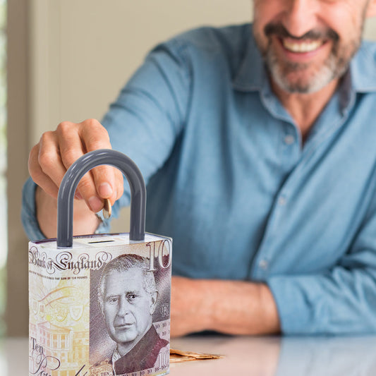 King Charles Pound Note Reusable Coin Money Tin Box Padlock Shape with Handle 16.5 x 9.5 x 26.5cm Assorted Designs MTH 11890 (Parcel Rate)