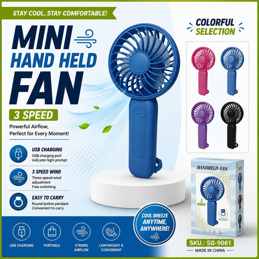 Hand Fan 3-Speed USB-Rechargeable 5V 0.5–1A Portable Mini Fan SG-9061