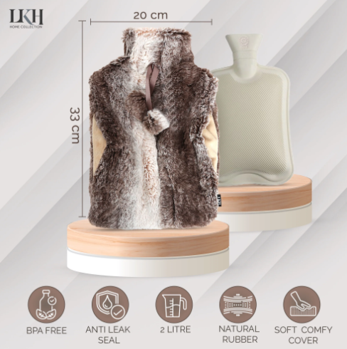 LKH Natural Rubber Hot Water Bottle with Faux Fur Cover for Winter Warmth and Comfort 2L 33x20cm Hand Pocket Pom Poms Two-Tone Brown SKU MW-5056422623537-PP