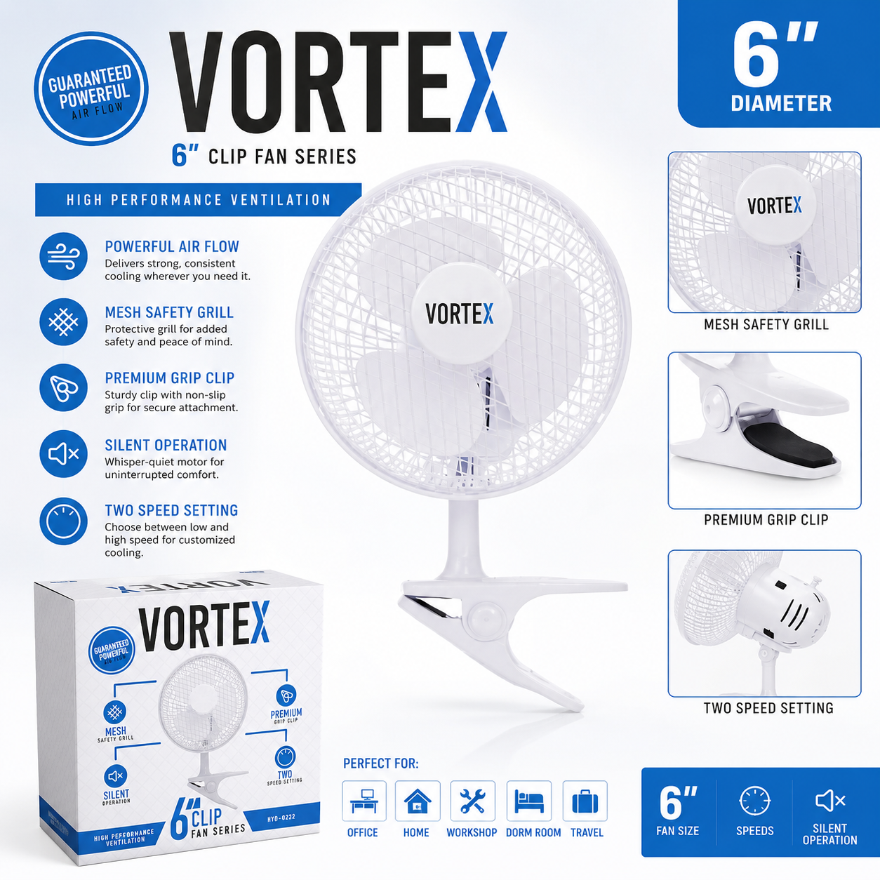 6" Clip Fan Vortex C15 – Powerful Portable Cooling, 20W 900g 19.5x15x21cm SKU HYD-0232