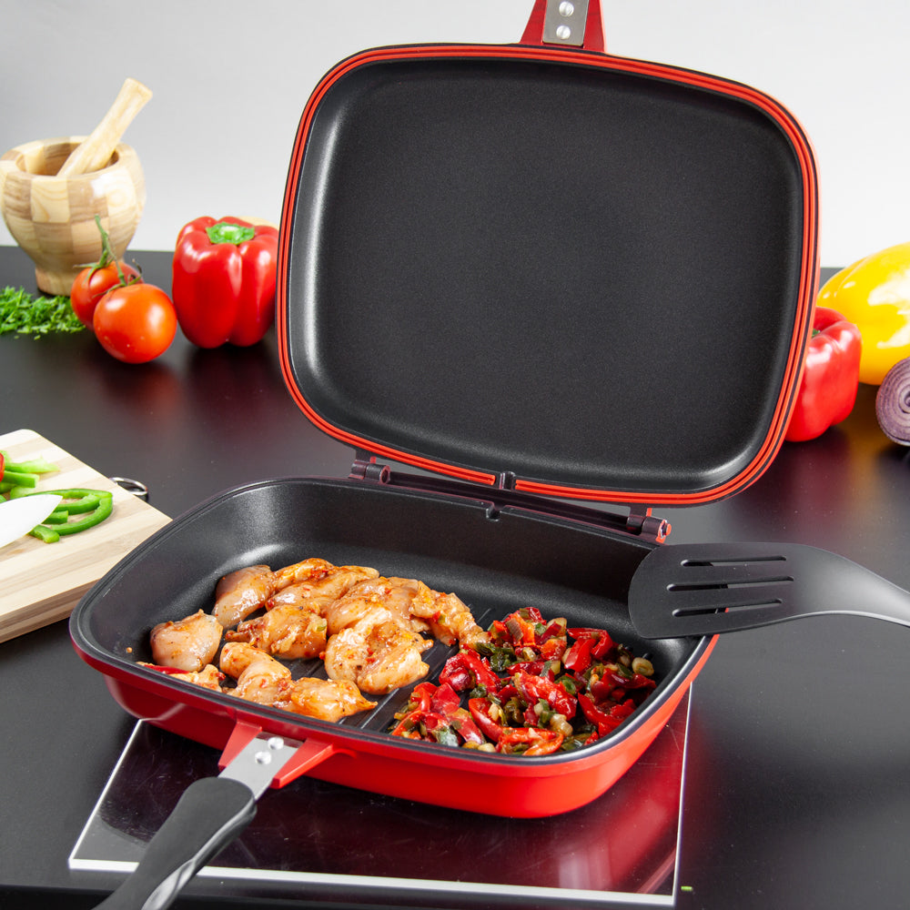 SQ Professional Nea Diecast Double Sided Magic Pan 32cm Rossa Red 4680 (Parcel Rate)