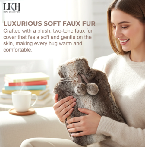 2 Litre Hot Water Bottle with Rabbit Fur Cover and Poms SKU 3676