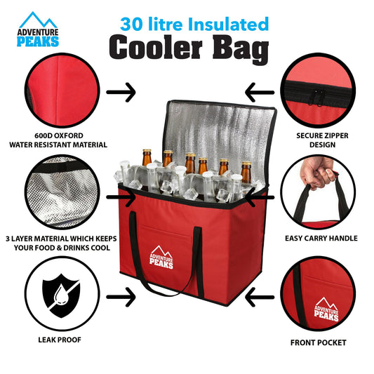 Insulated Camping Cooler Bag 30L 40 x 26 x 33cm Red 6606 (Parcel Rate)