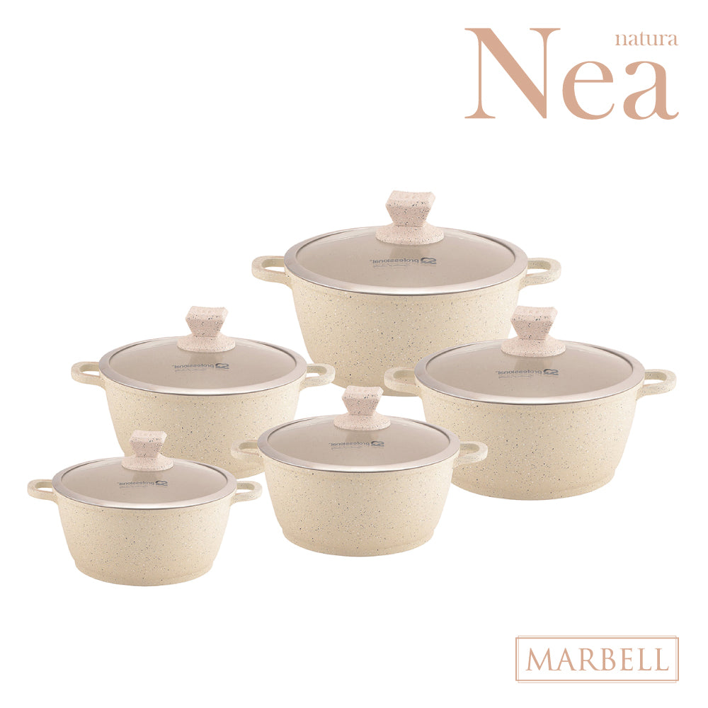 SQ Professional Nea Marbell Effect Diecast Stockpot Set of 5 Natura Cream 6757 (Big Parcel Rate)