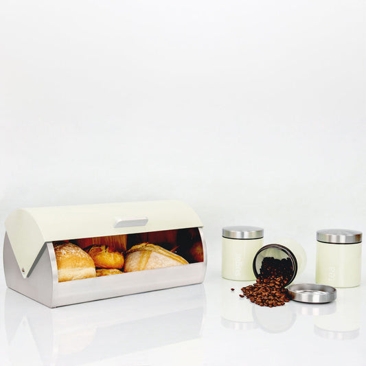 SQ Professional Dainty Metal Bread Bin with 3 Canisters Chantilly Cream 7664 (Big Parcel Rate)