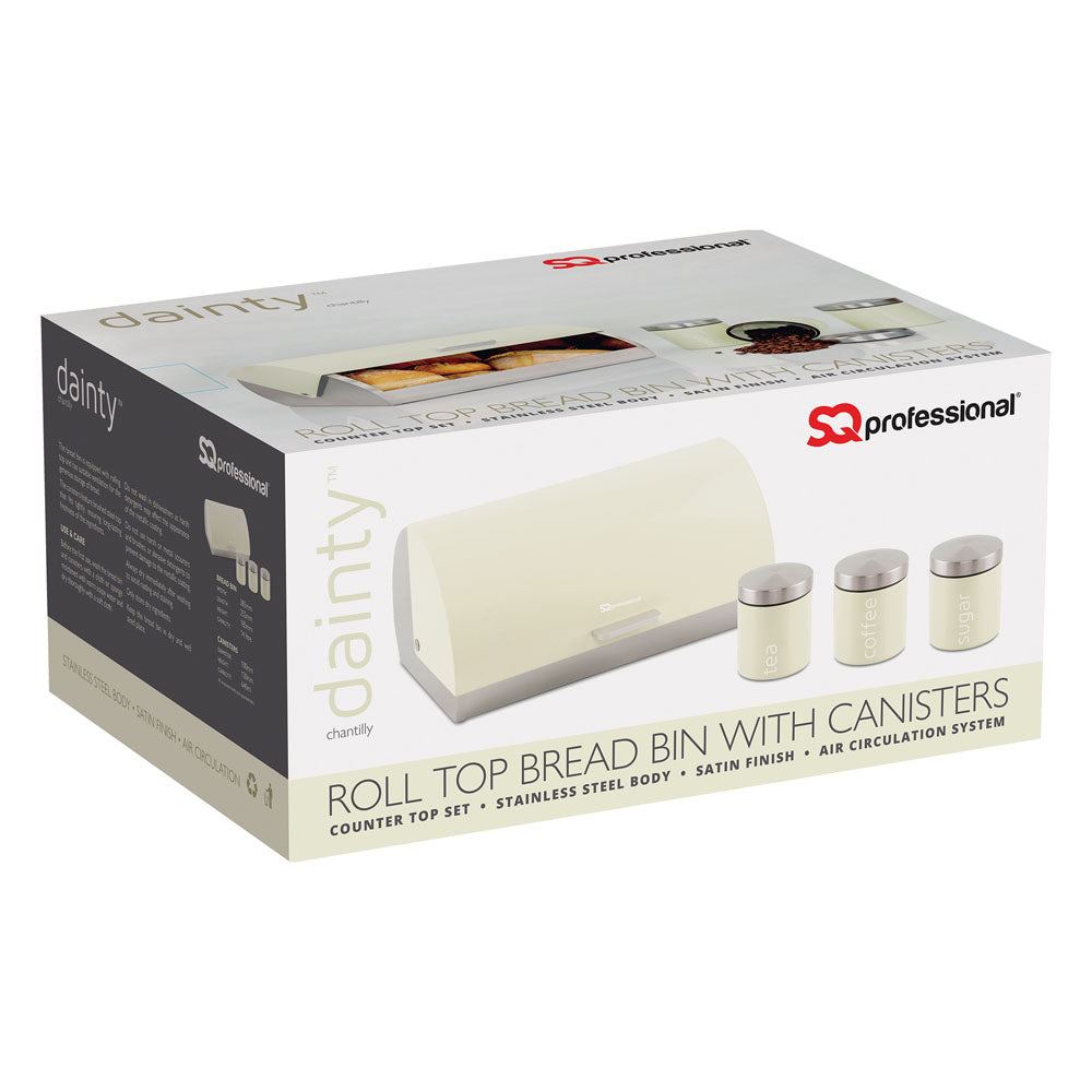 SQ Professional Dainty Metal Bread Bin with 3 Canisters Chantilly Cream 7664