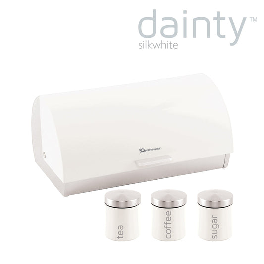 SQ Professional Dainty Metal Bread Bin with 3 Canisters Silk White 7665 (Big Parcel Rate)