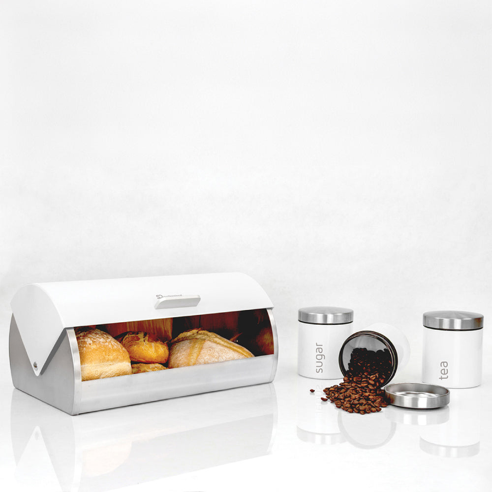 SQ Professional Dainty Metal Bread Bin with 3 Canisters Silk White 7665 (Big Parcel Rate)