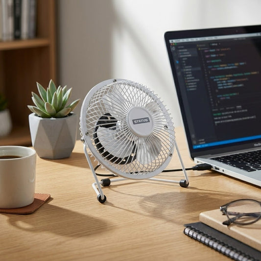 4" White Mini USB Fan, 14.5 x 8 x 14.5 cm, Metal Frame, SKU SusBWHEFAN1PKB4