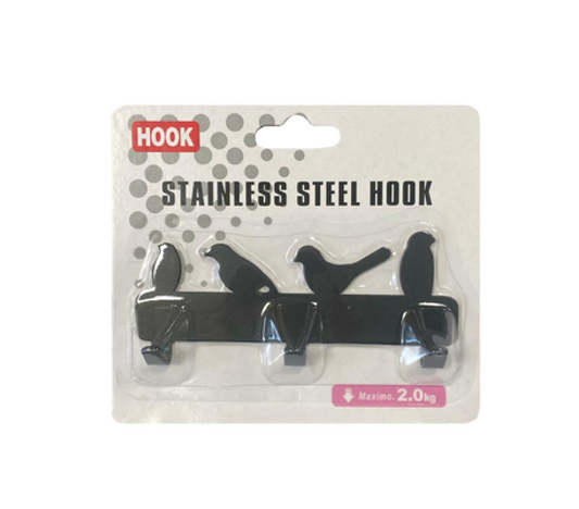 Metal Coat 3 Hook Hanger Rack with Bird Silhouette Design 13cm Assorted Colours 7848
