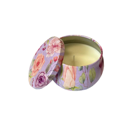Scented Candle in Metal Jar with Floral Print 7 x 4.5cm in Gift Box of 4 Assorted Designs 7889 (Parcel Rate)