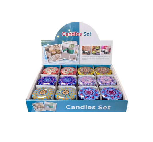 Scented Candle in Metal Jar with Printed Design 5 x 4cm Assorted Designs 7891 (Parcel Rate)