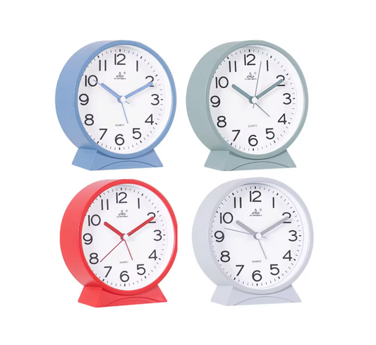 Round Plastic Analogue Alarm Clock 13 x 12 x 4.2cm Assorted Colours 7906 (Parcel Rate)