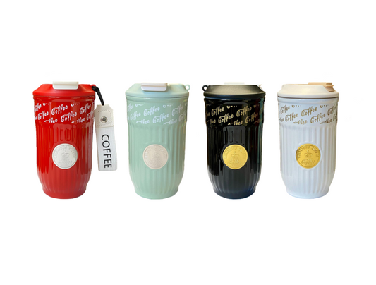 Stainless Steel Coffee Travel Thermos Cup Tumbler with Retro Ribbed Design and Strap 420ml Assorted Colours 7951 (Parcel Rate)
