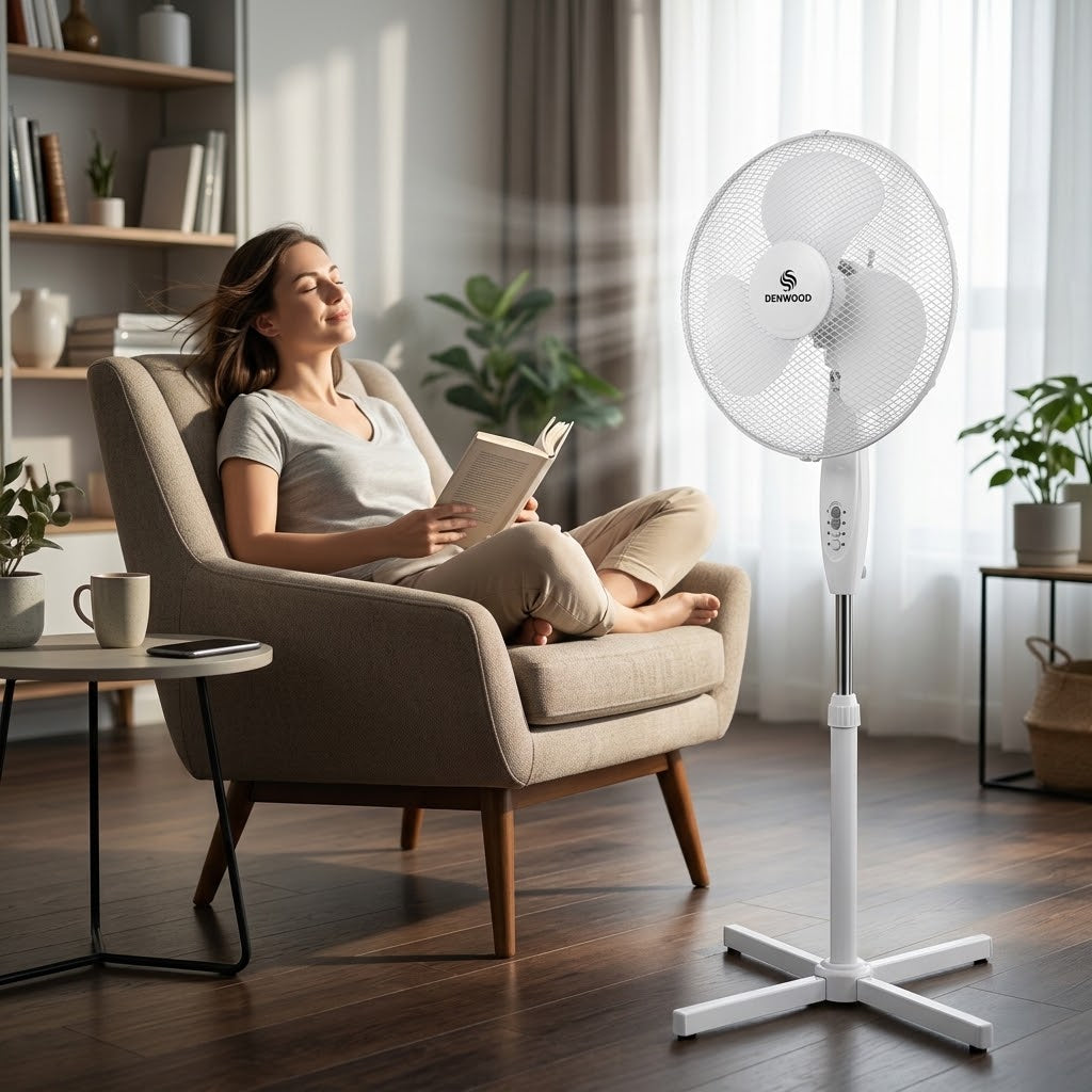 DENWOOD 16 Inch Oscillating Stand Fan – 45W Pedestal with 3 Speed Settings, Adjustable Height & Wide Angle Oscillation – Model FS40-3