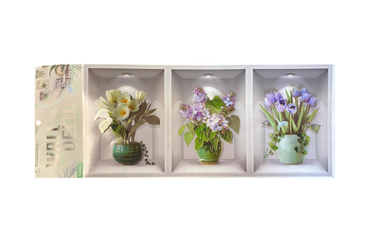 Room Decor 3D Effect Wall Stickers 3 Flower Vase Wall Design 55 x 25cm Assorted Designs 8066 (Parcel Rate)