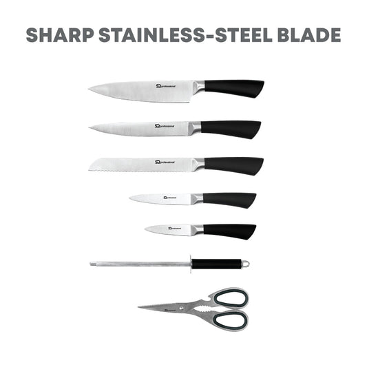 SQ Professional Stainless Steel Kitchen Knife Set of 8 Black 8742 (Parcel Rate)