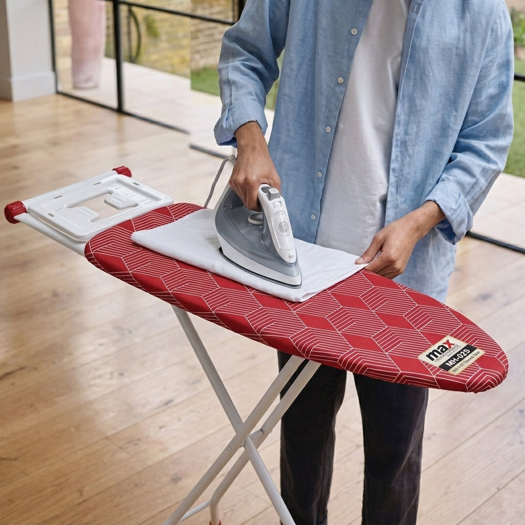 Max Housewares Ironing Board 38 x 120cm Adjustable Height Mesh Surface White Legs SKU MH-028