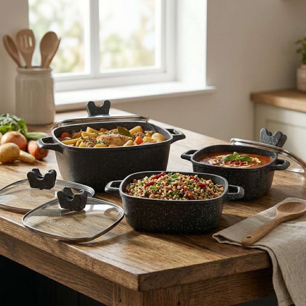 Die Cast Casserole Black 3-Piece Set – 20cm, 24cm, 28cm with Glass Lids, SKU DL901512