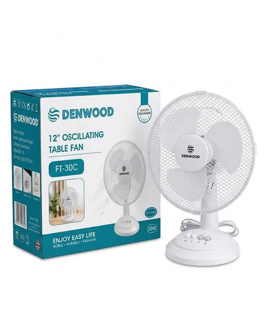 Triton 12" Oscillating Table Fan, 35W Desk Fan with 3 Speed Settings, Adjustable Tilt, White, SKU F17.50