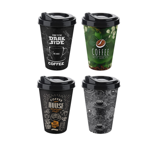 TTZ Plastic Reusable Travel Coffee Cup 400ml Assorted Designs AP9122 (Parcel Rate)