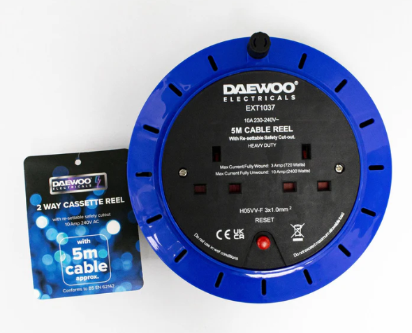Daewoo 2 Way Gang Extension Lead Cassette Reel 5 Metre EXT1303GE