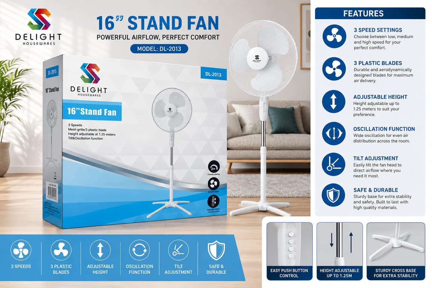 SAIF 16" Stand Fan Cross Base White DL2013/F15