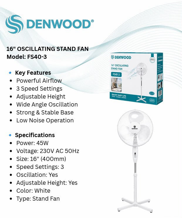 16 " Inche Denwood Fan Oscillating Stand Fan Moedel : FS40-3 SKU F20