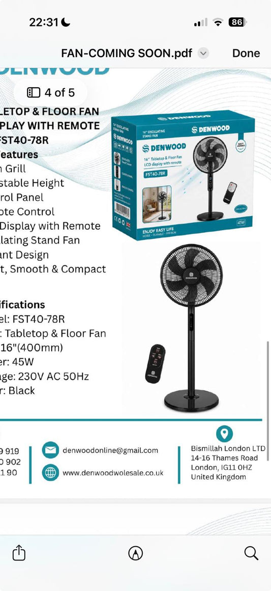 16" Tabletop & fllor Fan Lcd Display With Remote Black or White FST40-78R F45