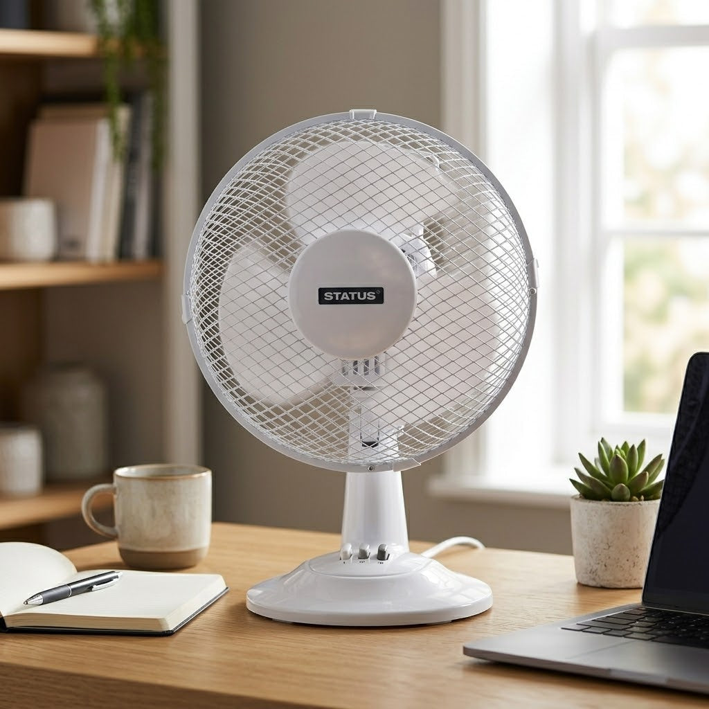 Status 9" Oscillating Desk Fan – 2 Speed Settings, Adjustable Tilt, Portable with Carry Handle, 22W, White – SKU S9DESKFANPKB/TB9