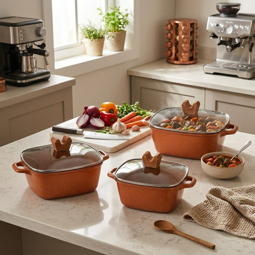 Die-Cast Casserole Gold 3-Piece Set with Glass Lids, 20cm/24cm/28cm, 3.0L/4.5L/7.0L, SKU DL90153
