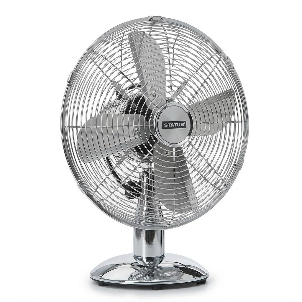 STATUS 12" Chrome Oscillating Desk Fan – 3 Speed Settings, Adjustable Tilt, Carry Handle, 35W, 34 x 25 x 42 cm, SKU S12CDESKFAN1PKB/M12