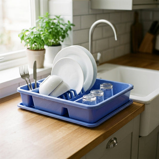 Plastic Dish Drainer with Drip Tray for Drying Crockery and Cutlery Hobby Violet Light Blue SKU 041101
