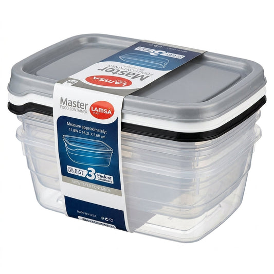 Lamsa Master Plastic Food Containers for Organised Kitchen Storage 3 Pack Stackable 0.6L 11.8x16.2x5.6cm BPA-Free Grey/Clear 160g SKU MW-6222045906268-PP