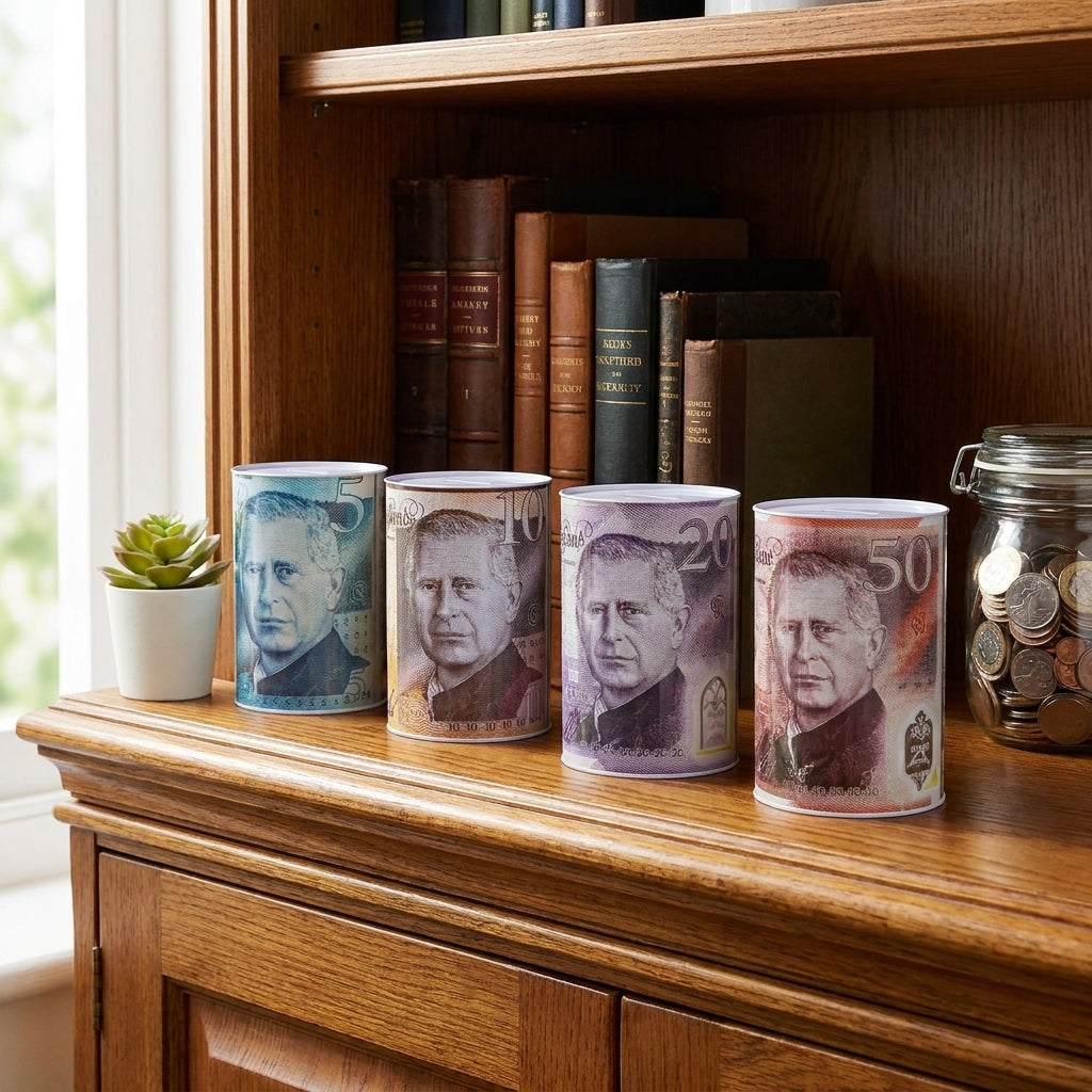 MTS85 Small Sterling Designs Sealed Money Tins King Or Queen Savings Box Piggy Bank 11cm x 14.50cm A w10
