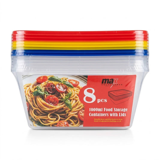 1000ml Food Storage Containers with Lids, 8-Piece Set, Rectangular, Colour-Coded, Stackable, Food-Safe Plastic, SKU MX7039