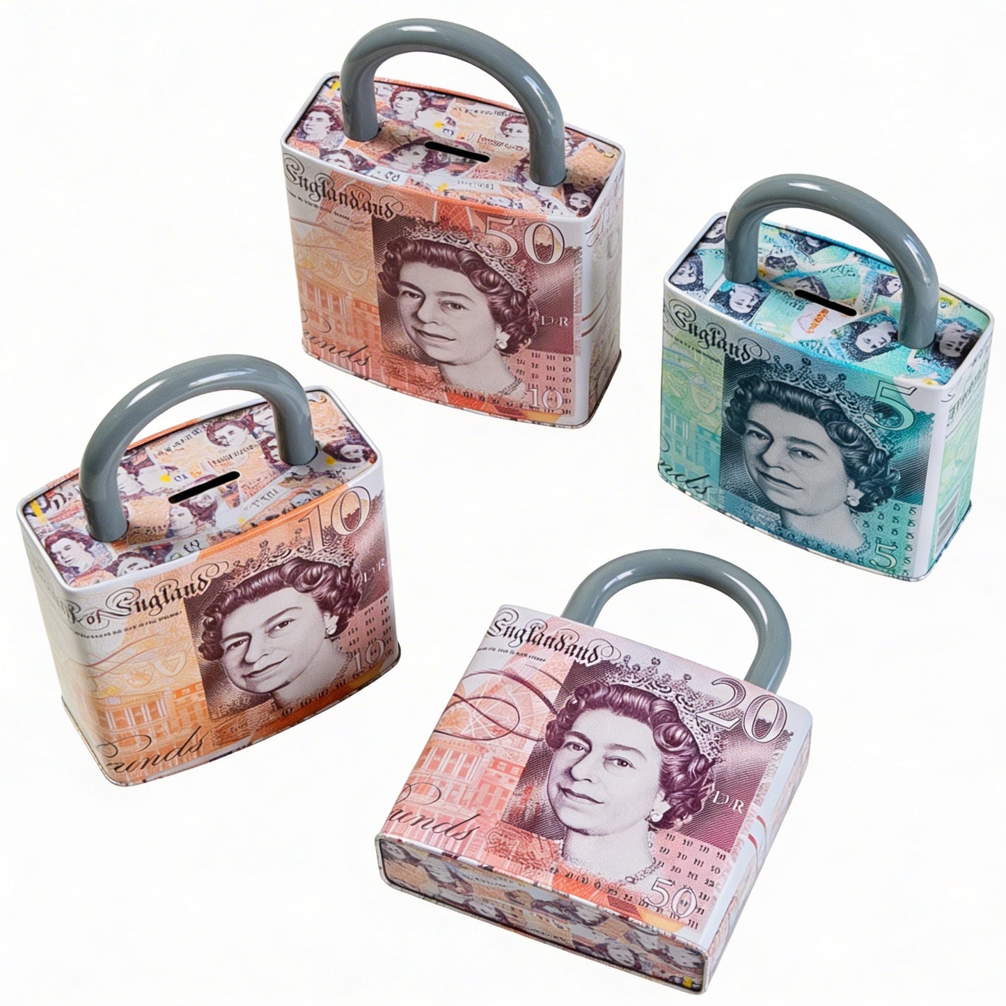 Queen Elizabeth Pound Note Reusable Coin Money Tin Box with Padlock Shape, Handle & Assorted Designs – 211g, 16.5 x 9.5 x 26.5cm, SKU PAD001A