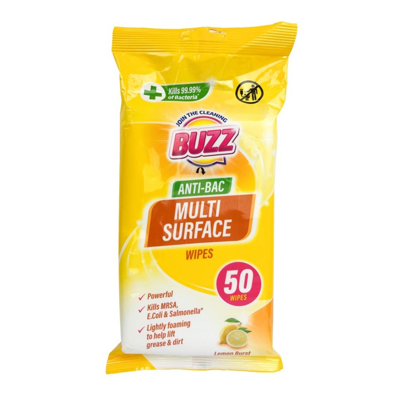 Buzz Multi Surface Antibacterial Wipes 50 Pack Lemon 321592 / 324254