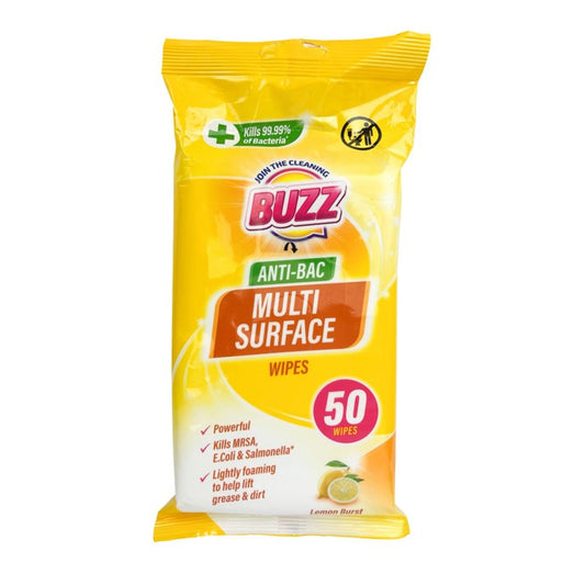 Buzz Multi Surface Antibacterial Wipes 50 Pack Lemon 321592 / 324254