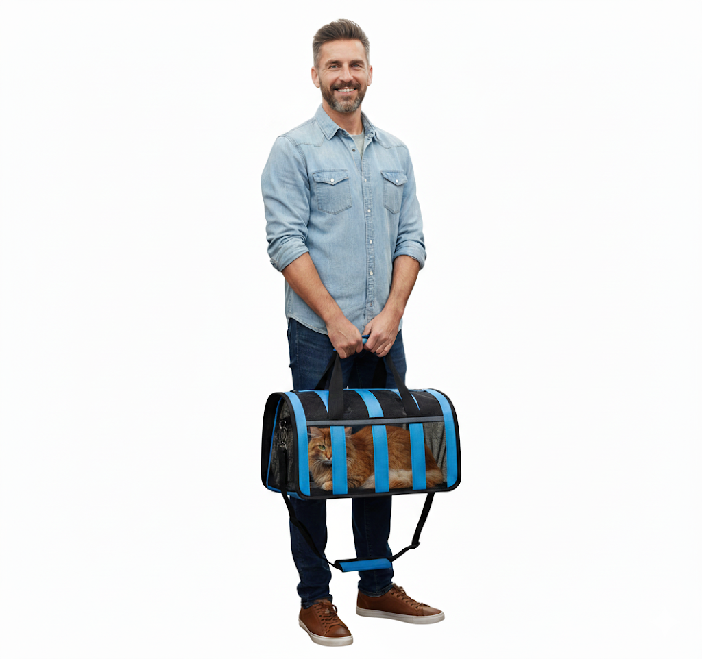 Pet Dog Cat Foldable Striped and Mesh Carrier Case with Handle and Shoulder Strap 48.5 x 26 x 27cm Assorted Colours 8050