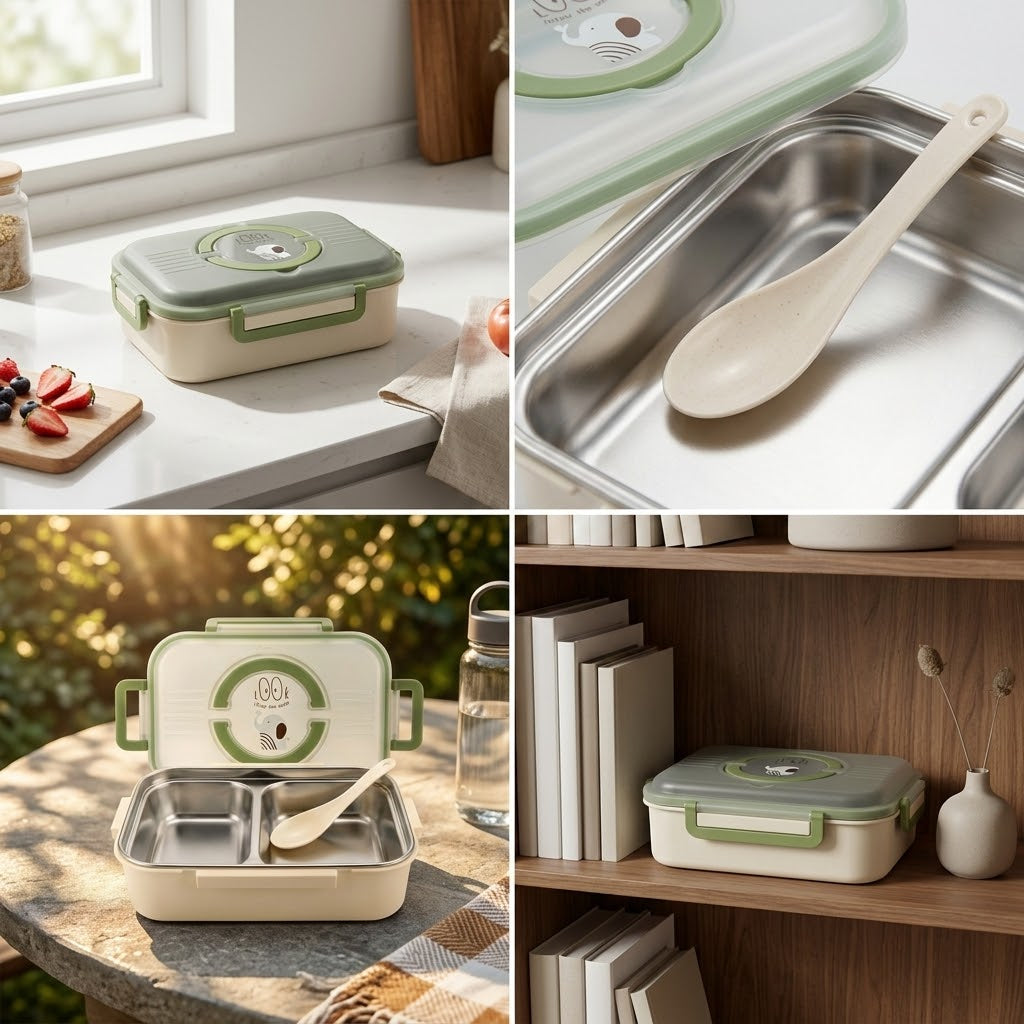 Plastic Lunch Box with Spoon, 381g, 24cm L × 15cm W × 7cm D, SKU 8216