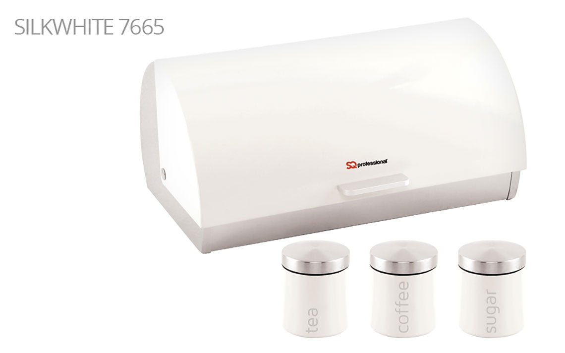 SQ Professional Dainty Metal Bread Bin with 3 Canisters Silk White 7665 (Big Parcel Rate)