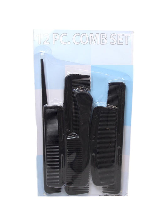 Black Plastic Hairdresser Barber Salon Comb Set of 12 Assorted Combs 6017 (Large Letter Rate)