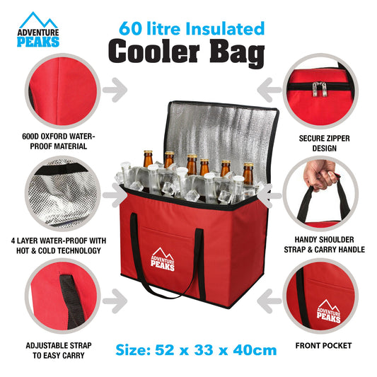 Insulated Camping Cooler Bag 60L 52 x 33 x 40cm Red 6632 (Parcel Rate)