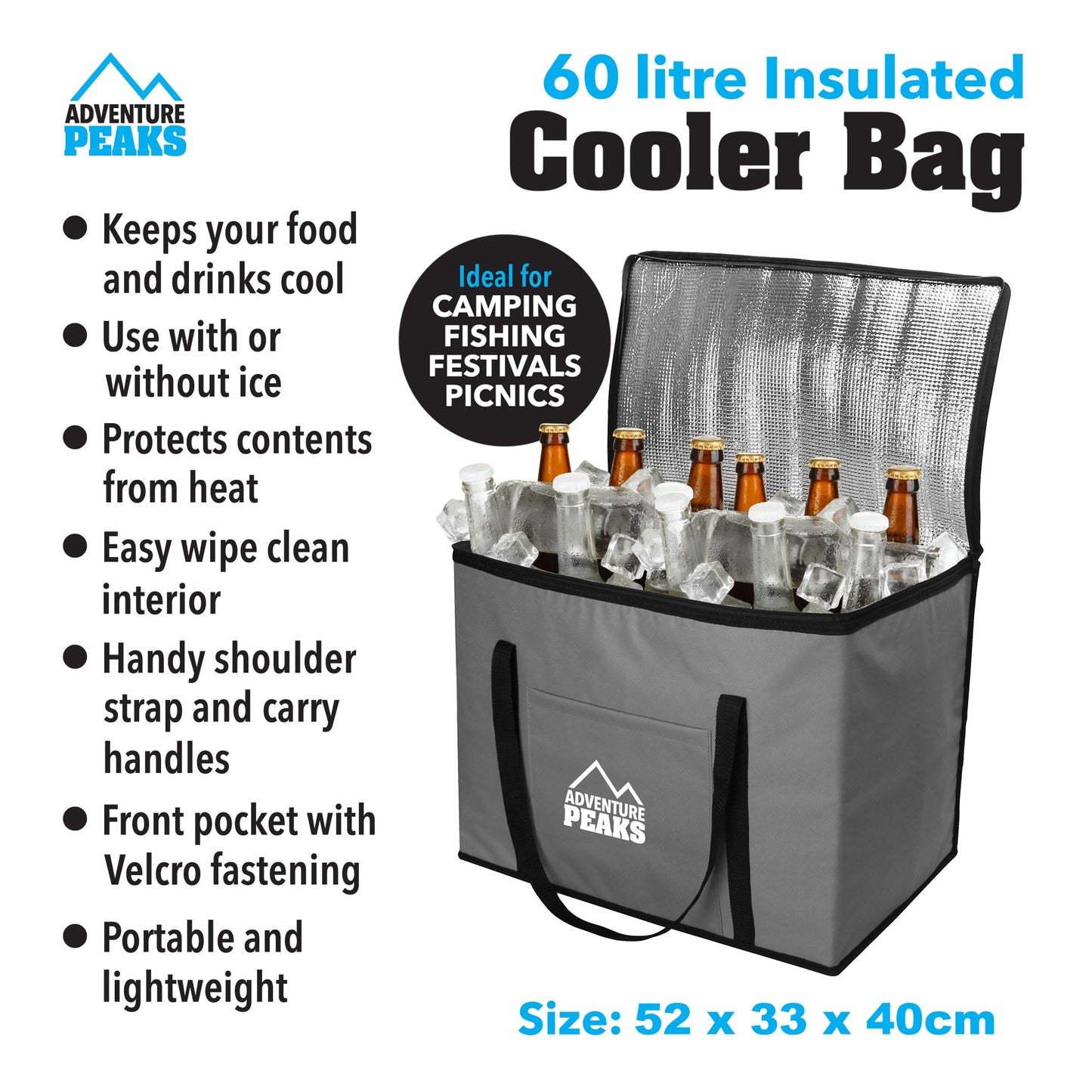 Insulated Camping Cooler Bag 60L 52 x 33 x 40cm Grey 6635 (Parcel Rate)