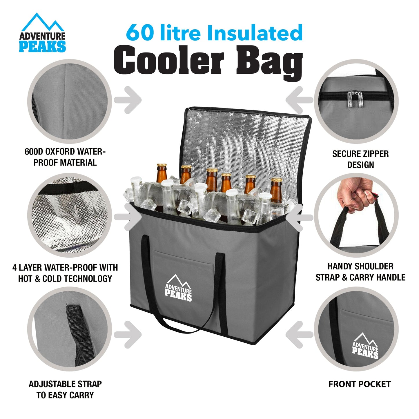Insulated Camping Cooler Bag 60L 52 x 33 x 40cm Grey 6635 (Parcel Rate)