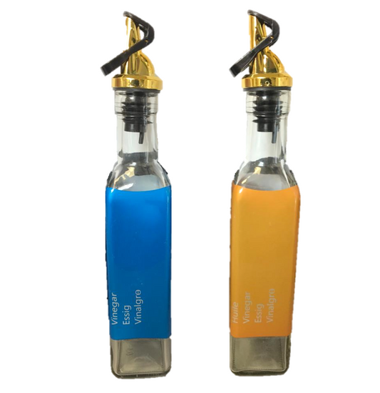 Glass Oil and Vinegar Bottle with Coloured Label 250 ml Gold Plastic Stopper Assorted Colours 6812 (Parcel Rate)