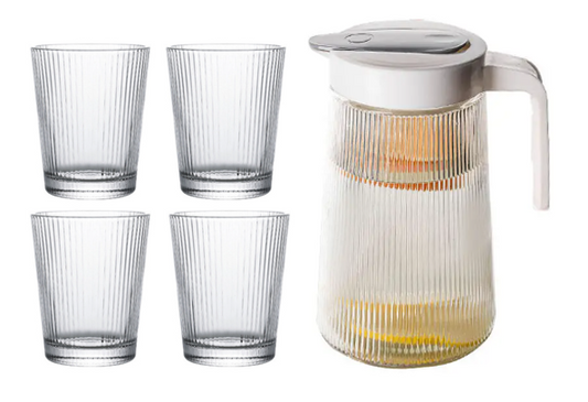 Ribbed Glass Water Jug 1300 ml and Cups Set 5pcs 7115