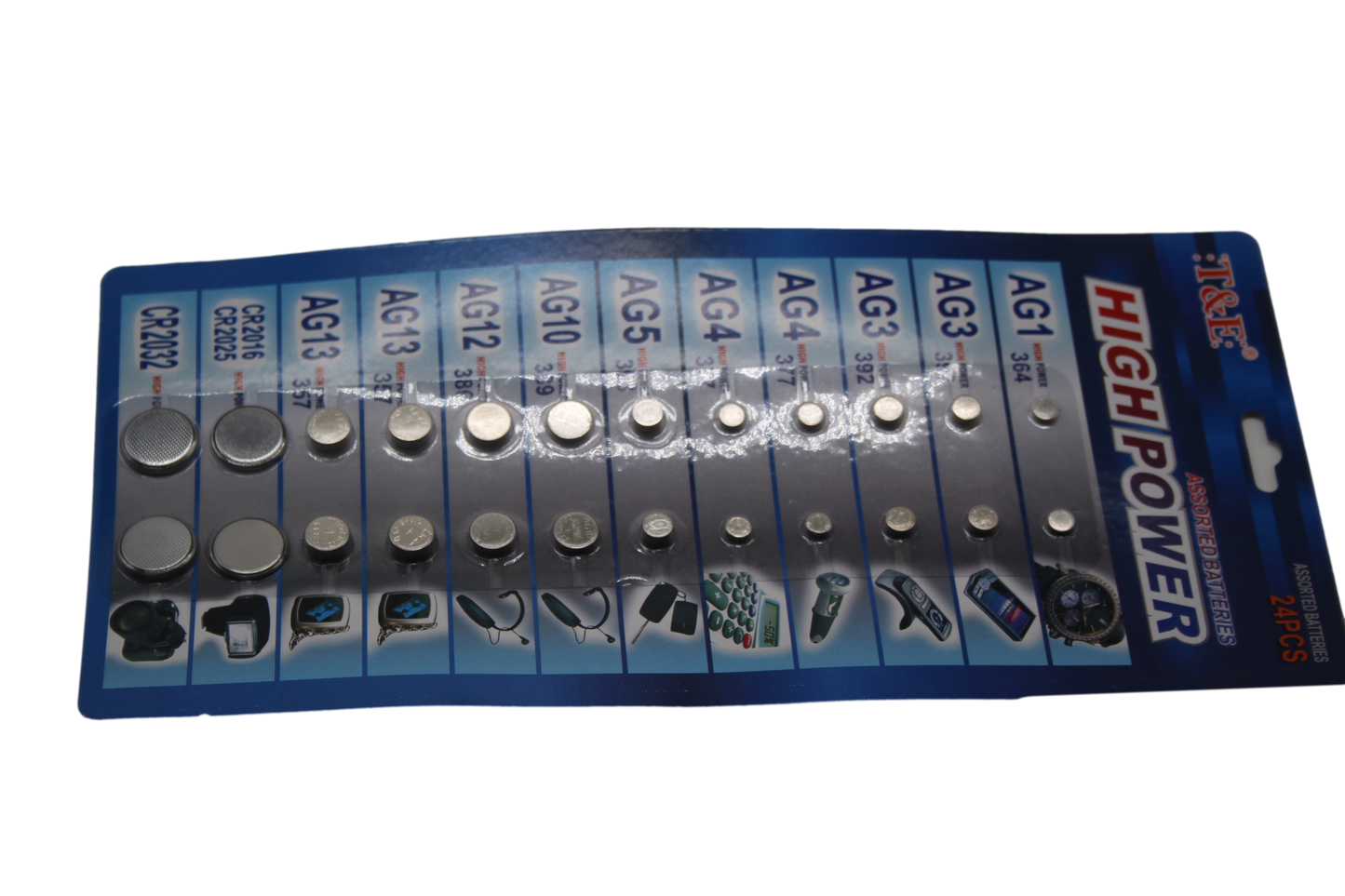 T&E 24 Assorted Flat Button Batteries on 1 Single Card 15 x 30cm 2027