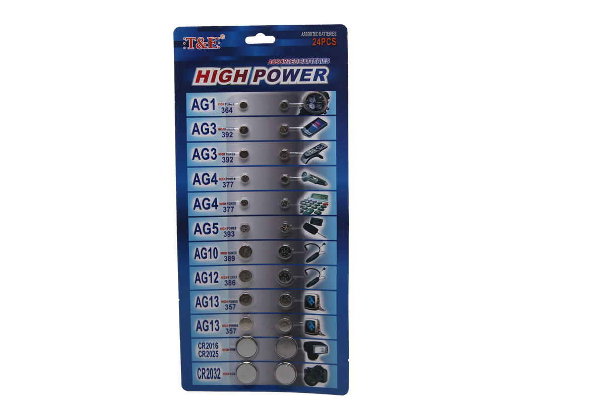 T&E 24 Assorted Flat Button Batteries on 1 Single Card 15 x 30cm 2027